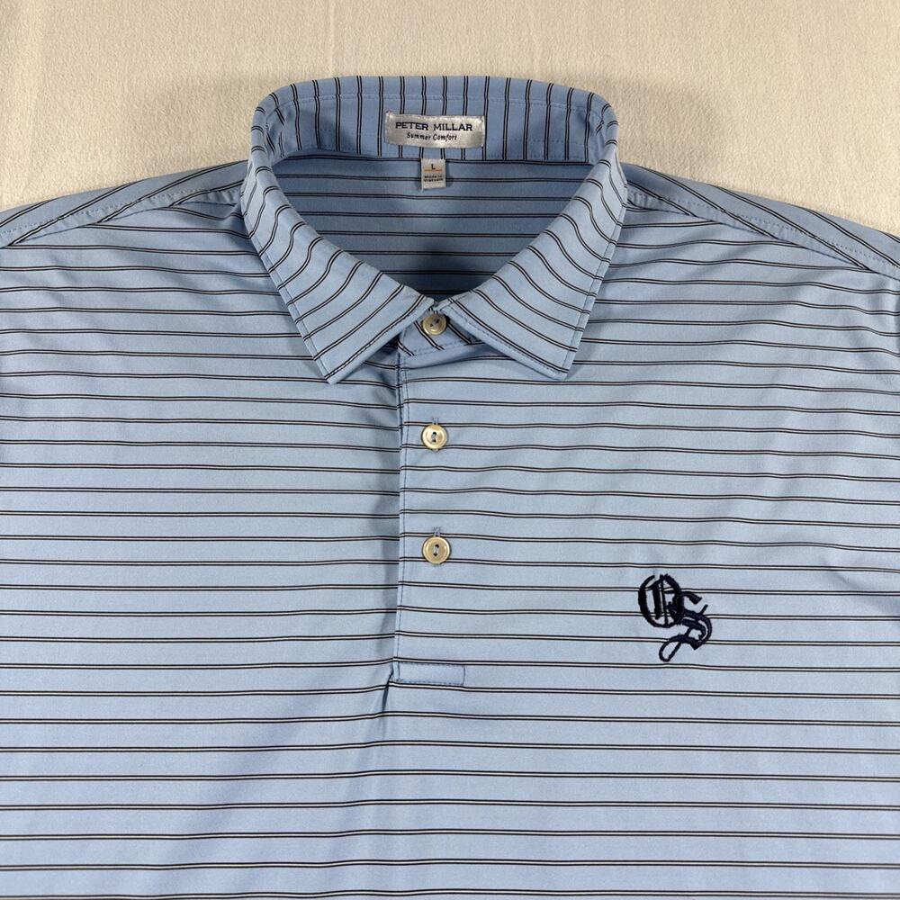 Peter Millar Summer Comfort Old Sandwich L Blue Striped EUC Top 100 Golf Course